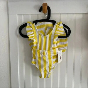 Jessica Simpson Yellow Striped One Piece Baby Girls Swimsuit w/Hat UPF 50+